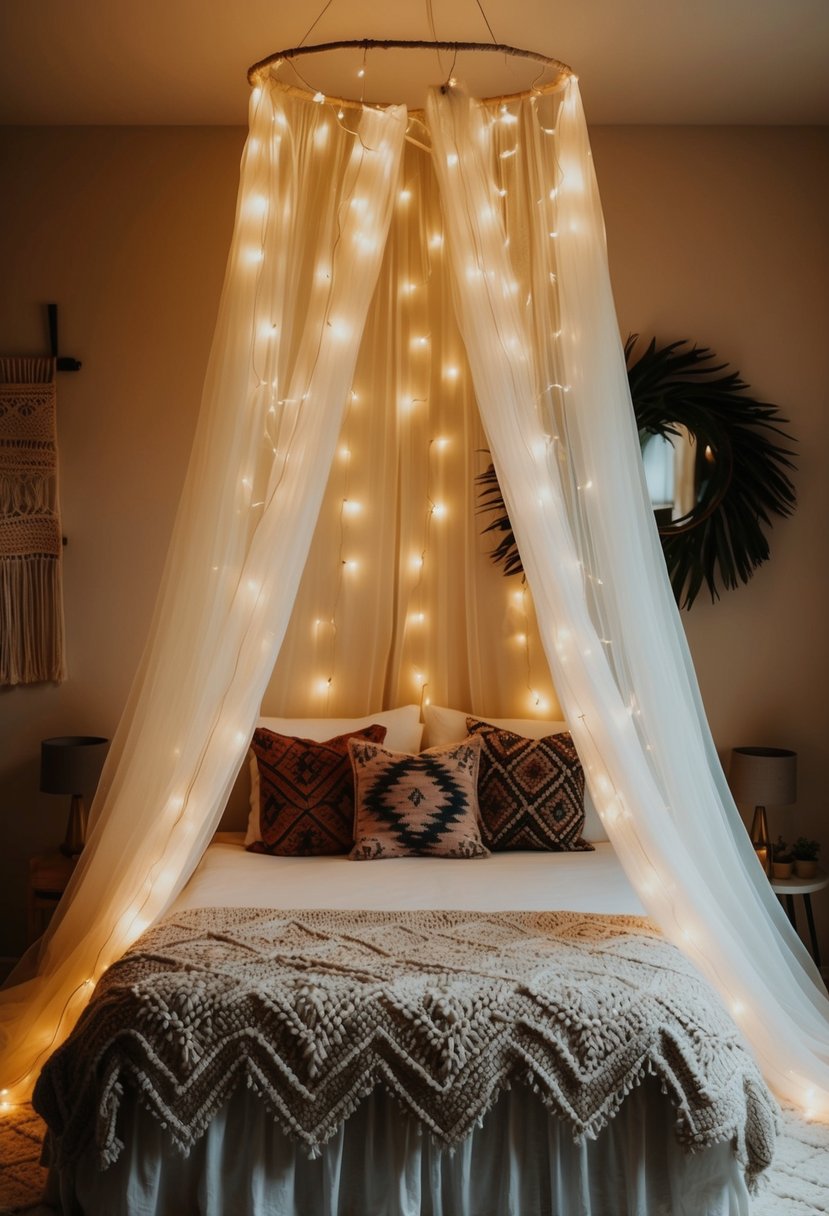 A cozy boho bedroom with a fairy light canopy draped over a bed, creating a warm and magical atmosphere