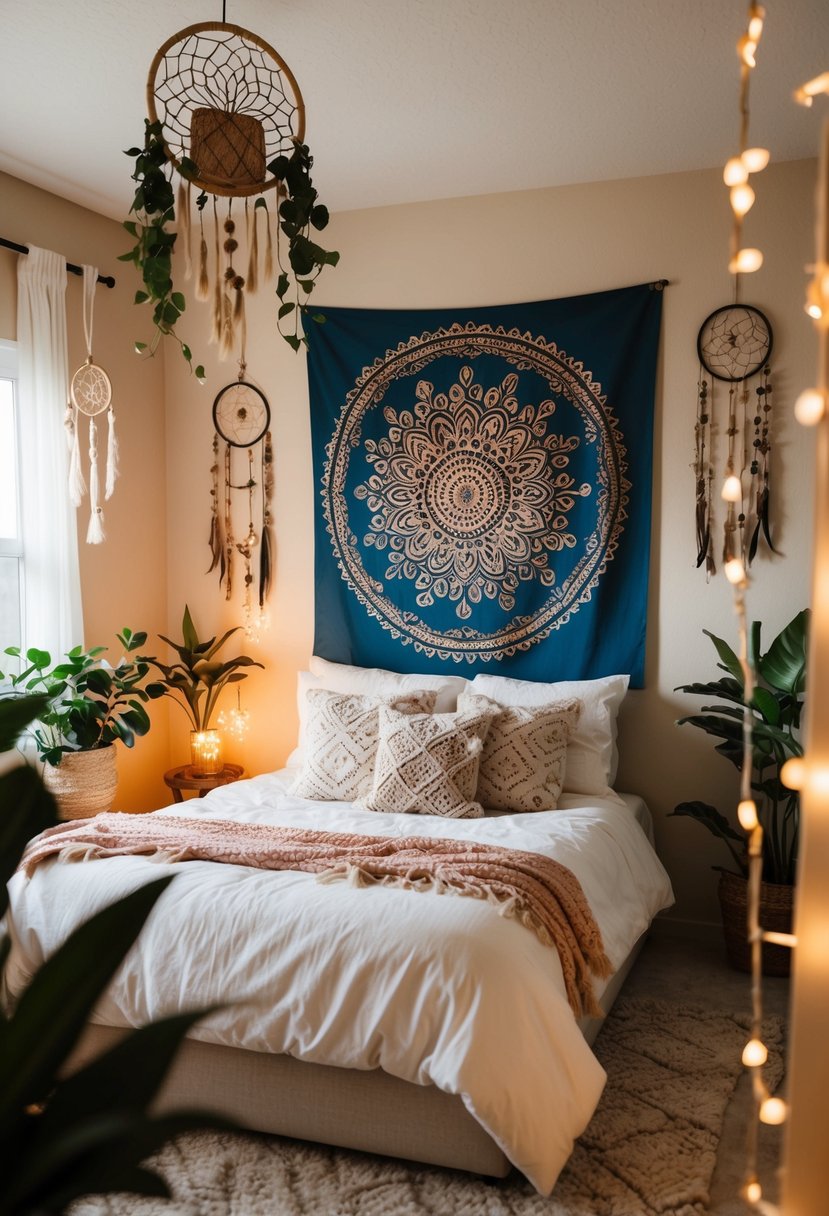 A cozy boho bedroom with a large mandala wall art as the focal point, surrounded by plants, dreamcatchers, and warm lighting