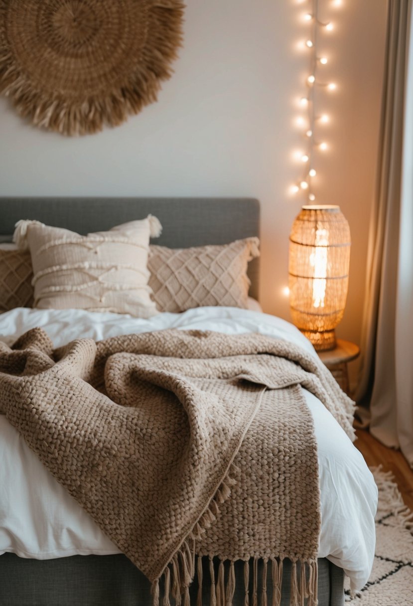 A cozy bedroom with a handwoven blanket draped over a bed, surrounded by boho decor and soft, warm lighting