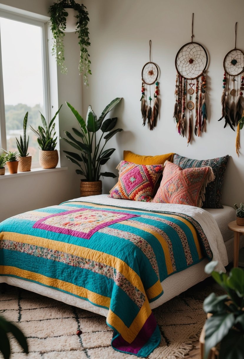 A cozy boho bedroom with a colorful quilt on a bed, surrounded by plants, dreamcatchers, and eclectic decor