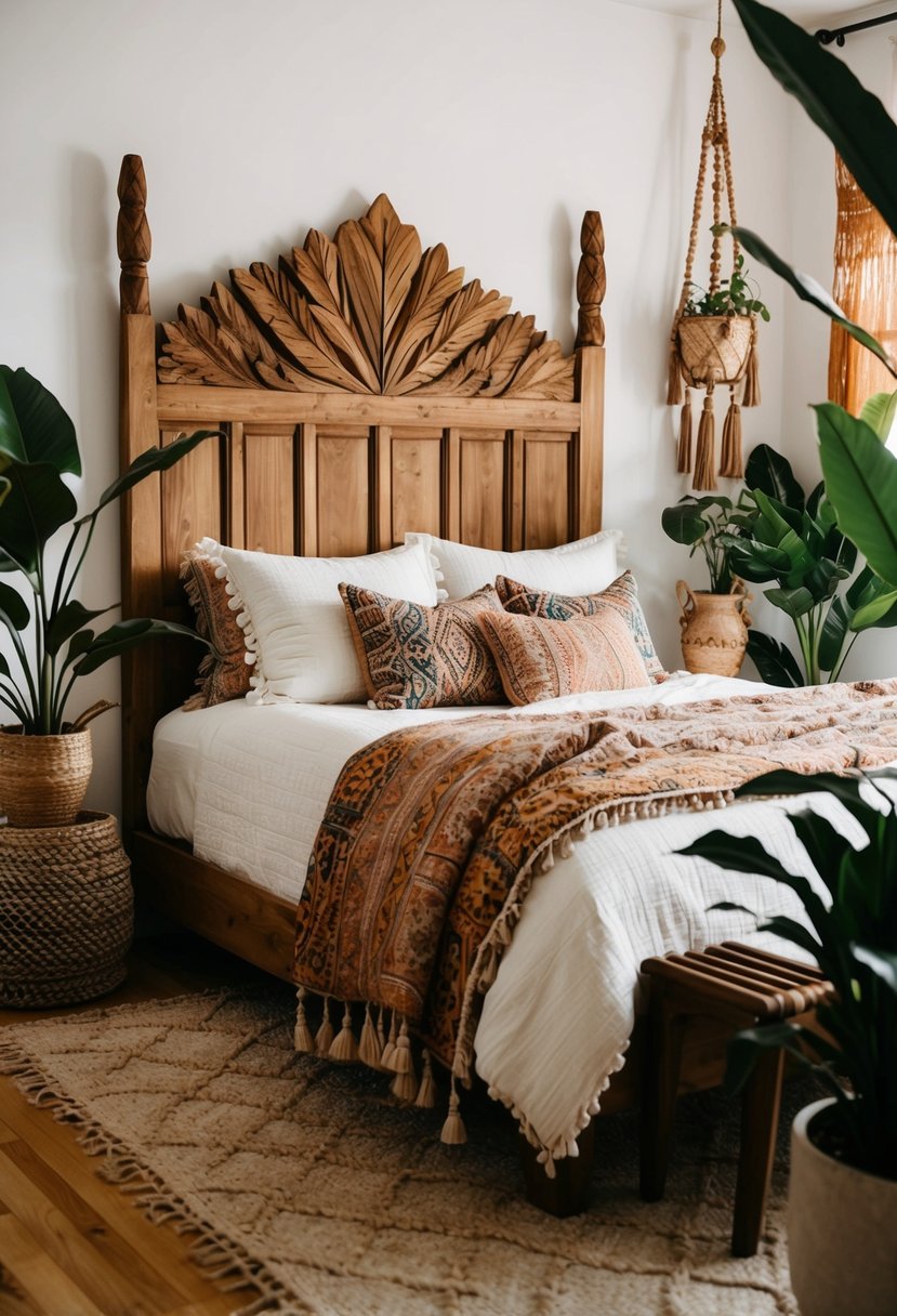 A cozy boho bedroom with a carved wooden headboard, adorned with eclectic textiles and plants, creating a warm and inviting atmosphere
