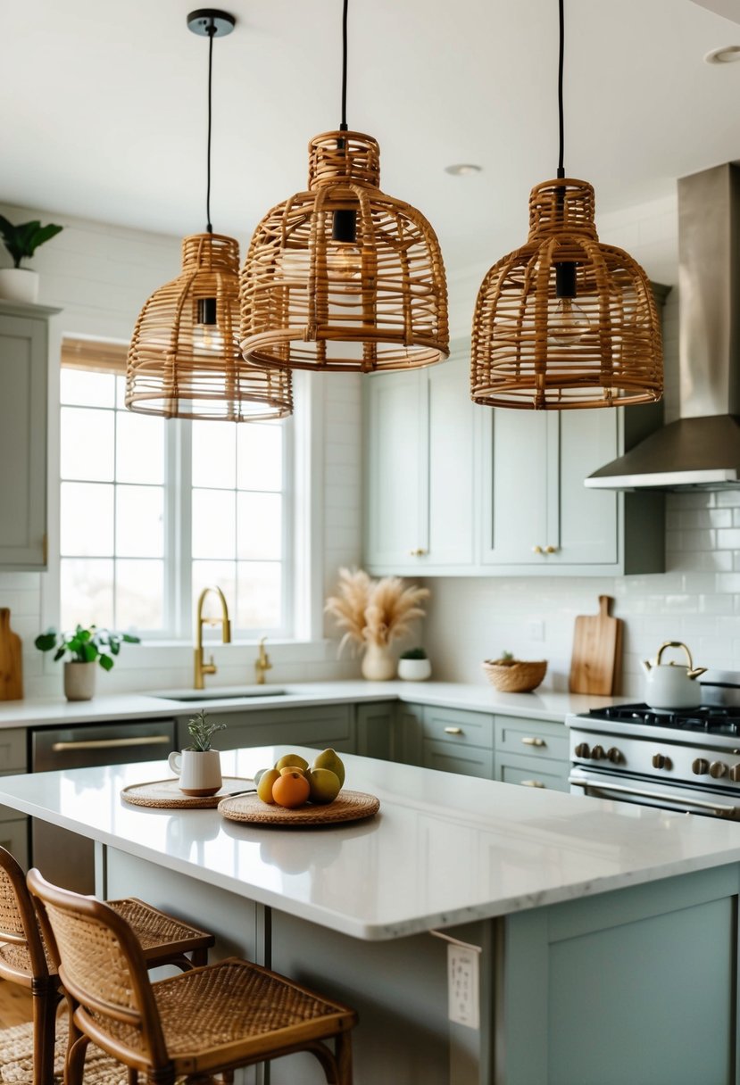 A cozy kitchen with rattan pendant lighting, featuring a mix of Scandinavian and bohemian decor elements