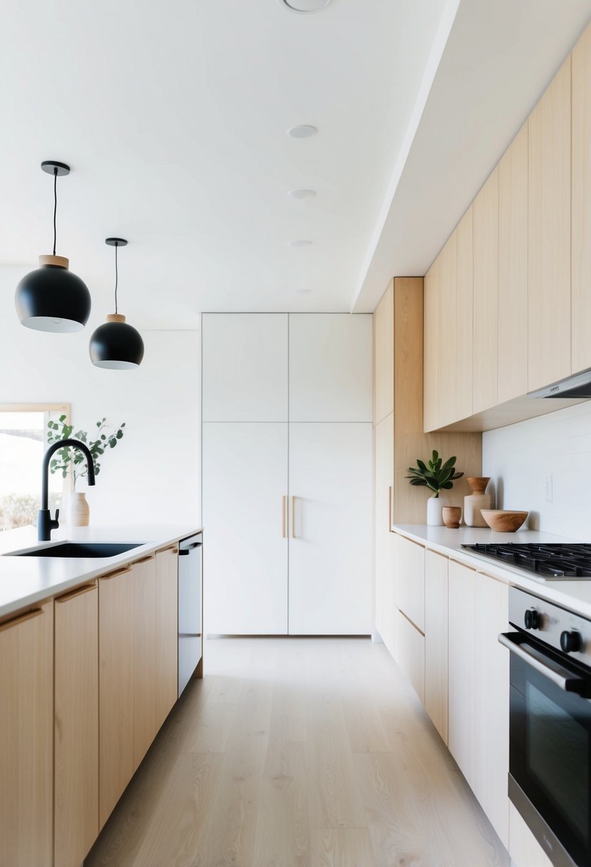 A spacious, minimalist kitchen with white walls, light wood cabinets, and natural accents. Clean lines and simple decor create a modern Scandi-boho aesthetic
