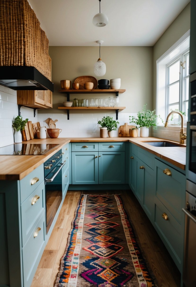 A vintage kilim runner adorns a boho Scandi kitchen, adding warmth and color to the space