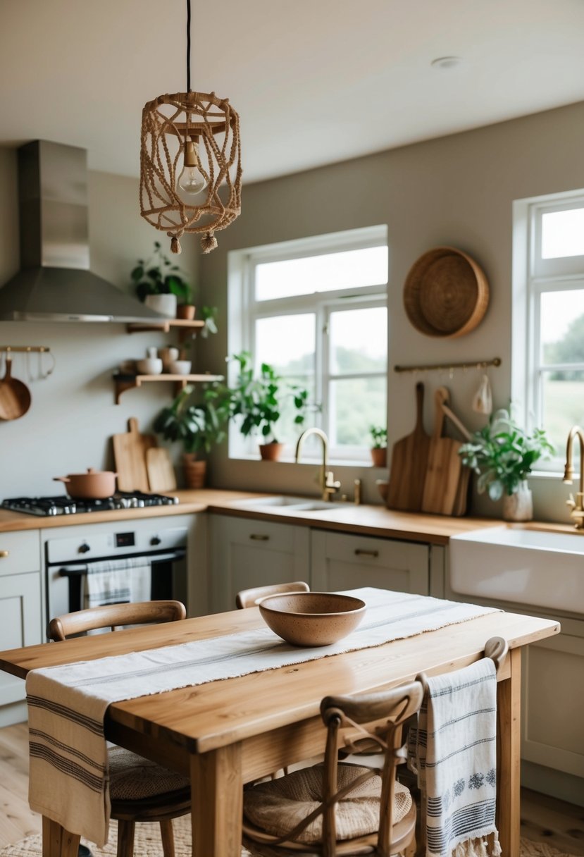 A cozy kitchen with a rustic wooden table, hanging organic cotton kitchen towels, and boho-inspired decor
