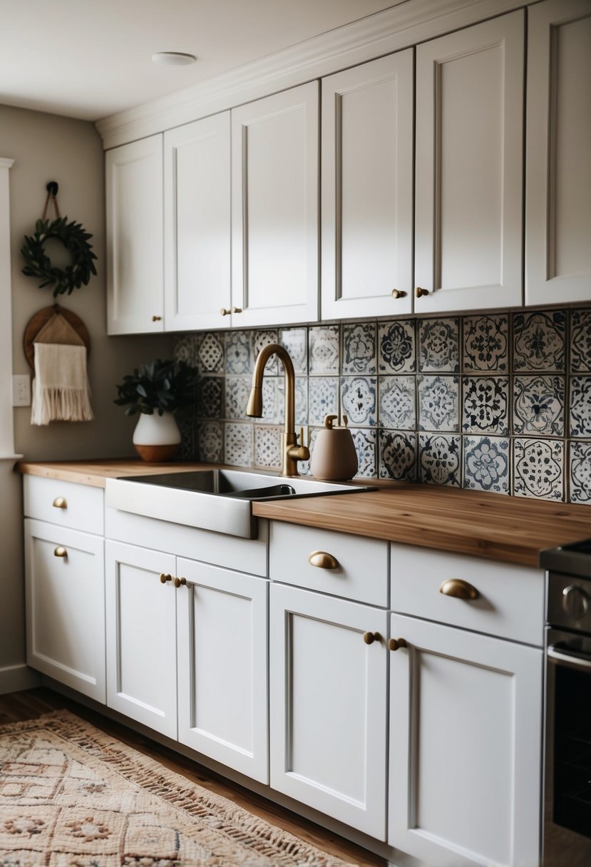 A cozy kitchen with white cabinets, wood countertops, and a patterned tile backsplash in a Scandi Boho style