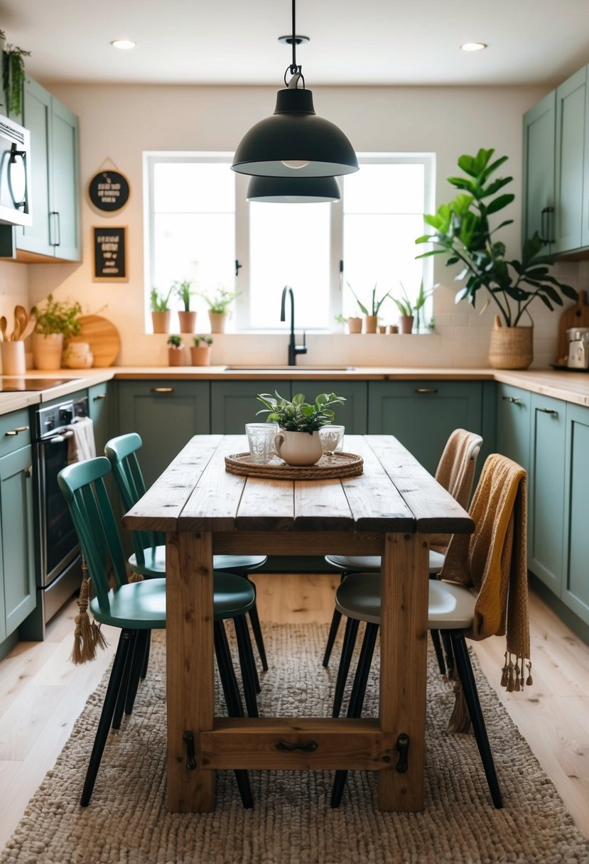 A cozy kitchen with a reclaimed wood dining table surrounded by Scandi boho decor and plants
