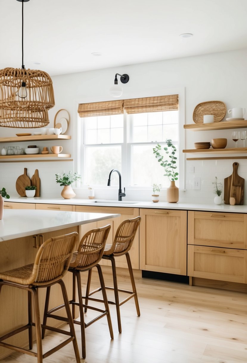 A bright, airy kitchen with wicker bar stools, natural wood accents, and minimalist Scandi Boho decor