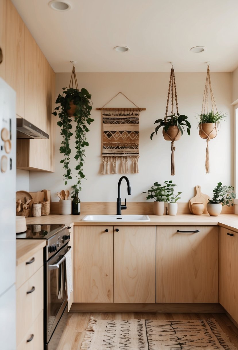 A cozy, minimalist kitchen with natural wood accents, hanging plants, and bohemian-inspired wall art in soft, earthy tones