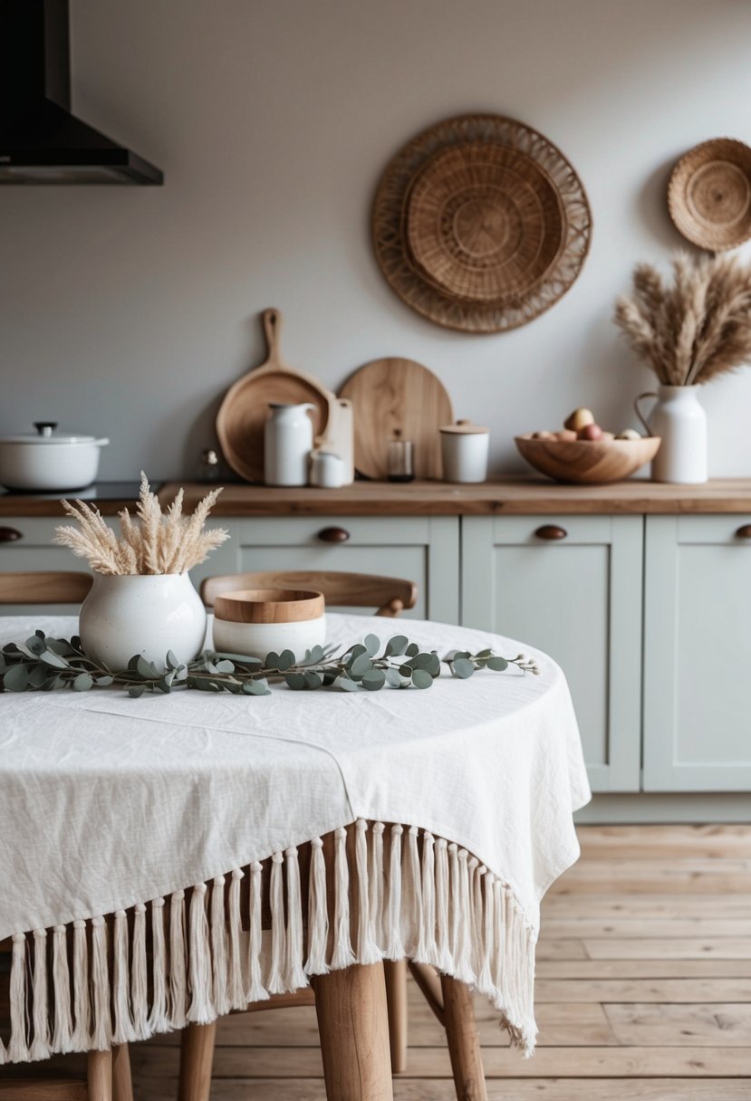 A rustic kitchen table with a white linen tablecloth and fringe, adorned with Scandi boho decor