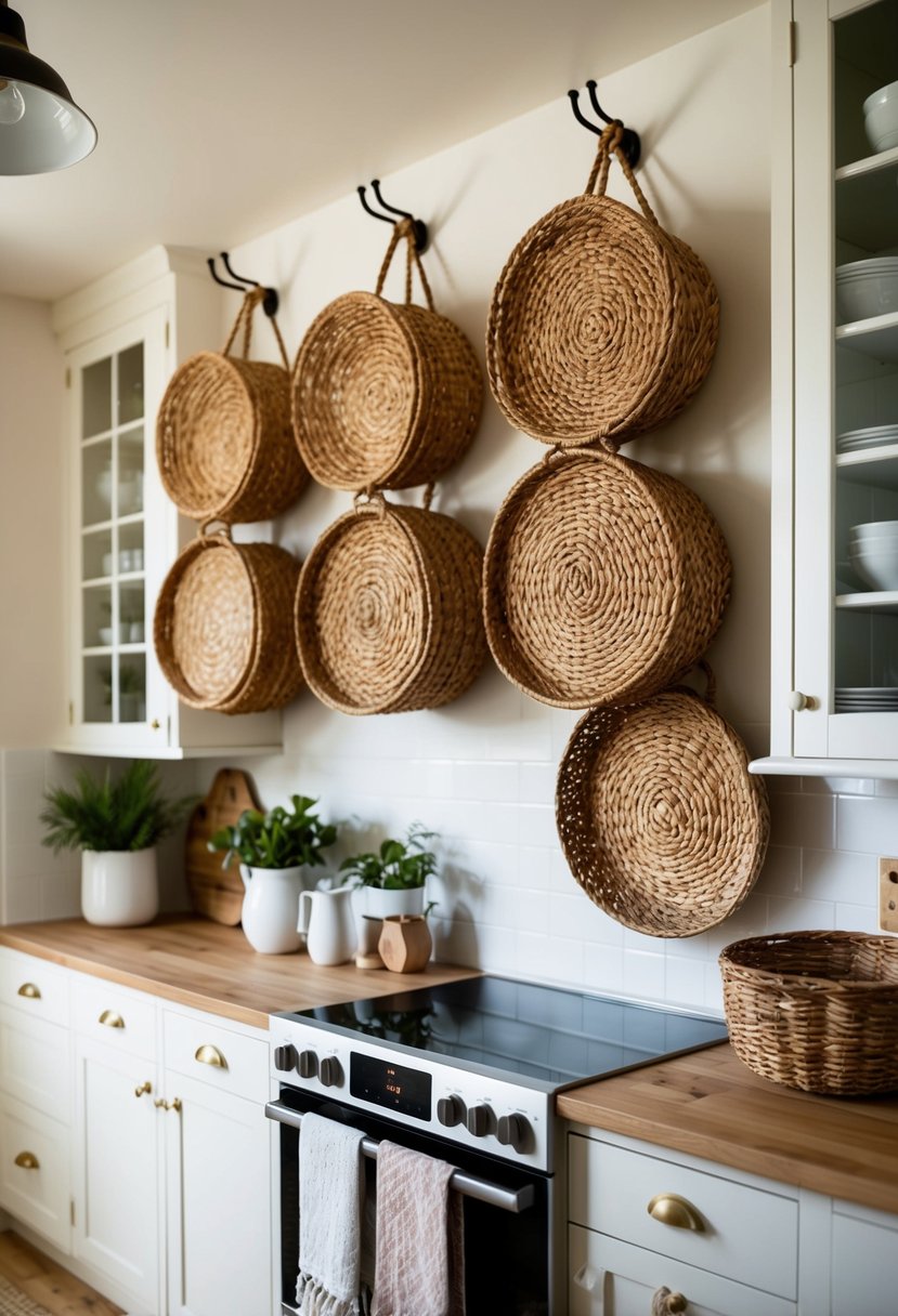 A cozy kitchen with woven seagrass baskets hanging from hooks, adding a touch of Scandi boho style to the space