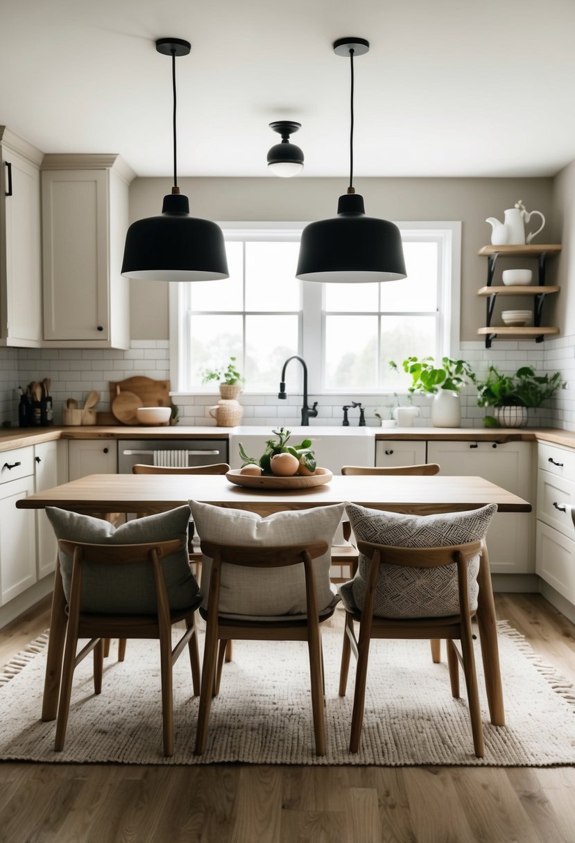 A cozy kitchen with neutral-toned cushions on wooden chairs, surrounded by Scandi boho decor