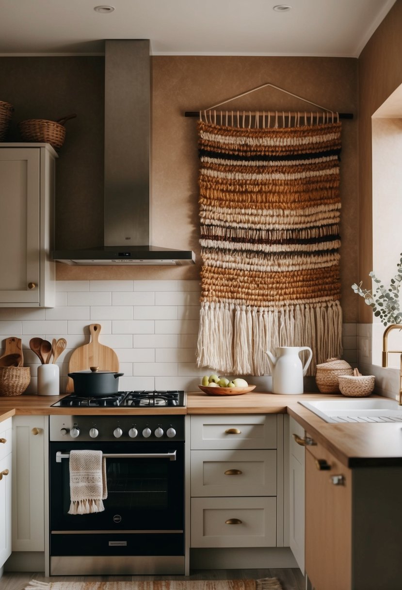 A cozy kitchen with handwoven wall hangings in a Scandi Boho style. Warm, earthy tones and natural textures create a relaxed, inviting atmosphere