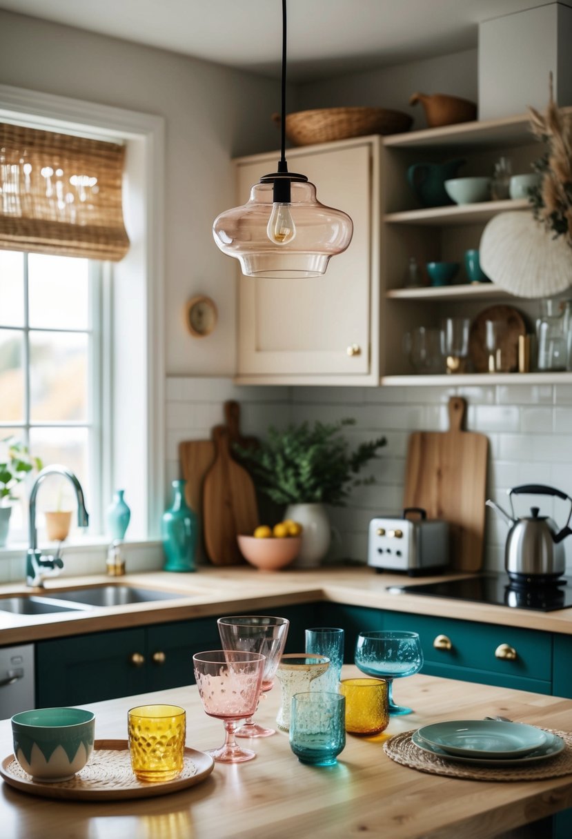 A cozy kitchen filled with whimsical glassware, featuring a mix of Scandi and boho decor elements