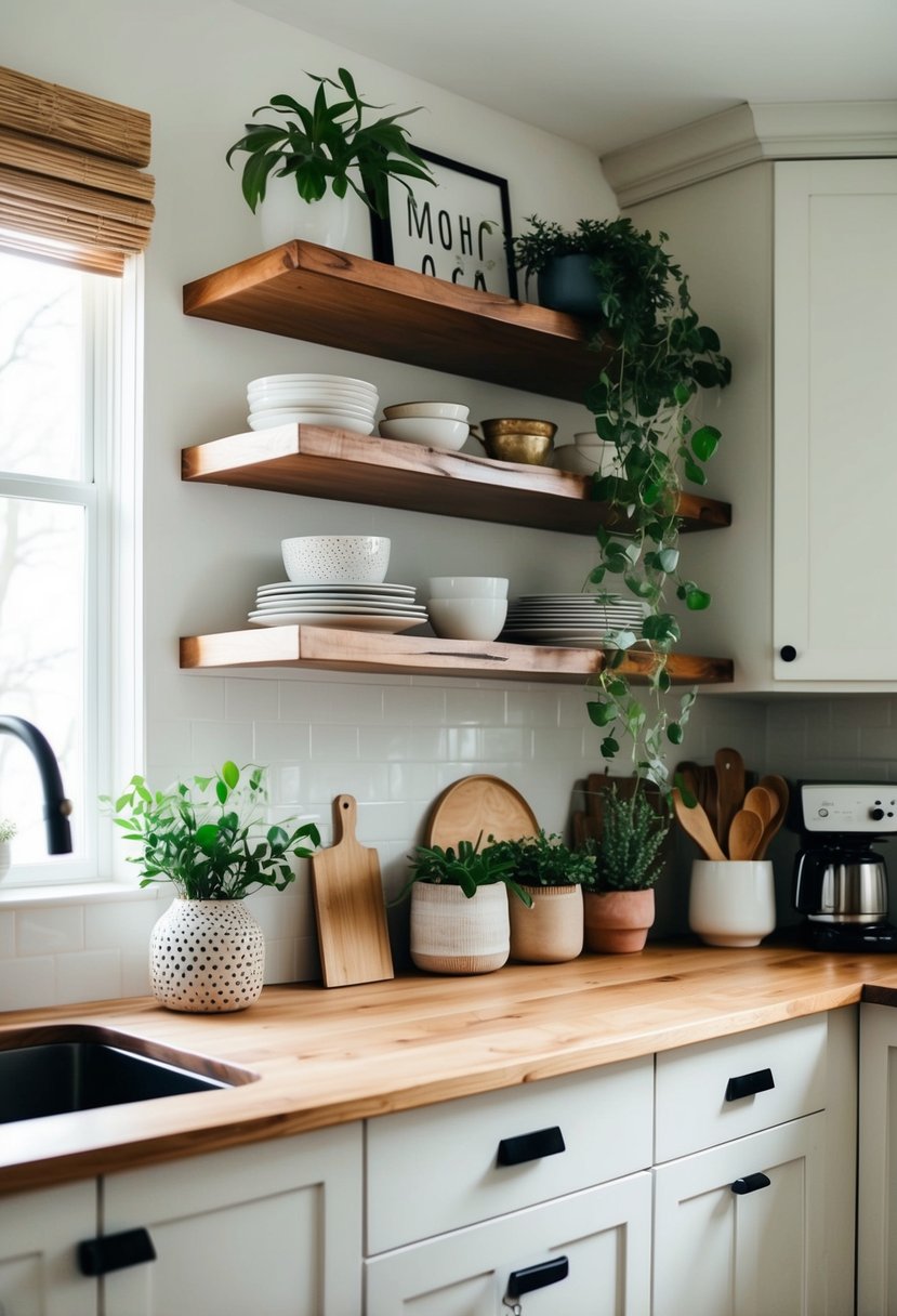 A cozy kitchen with raw edge wooden shelves, adorned with Scandi boho decor and plants