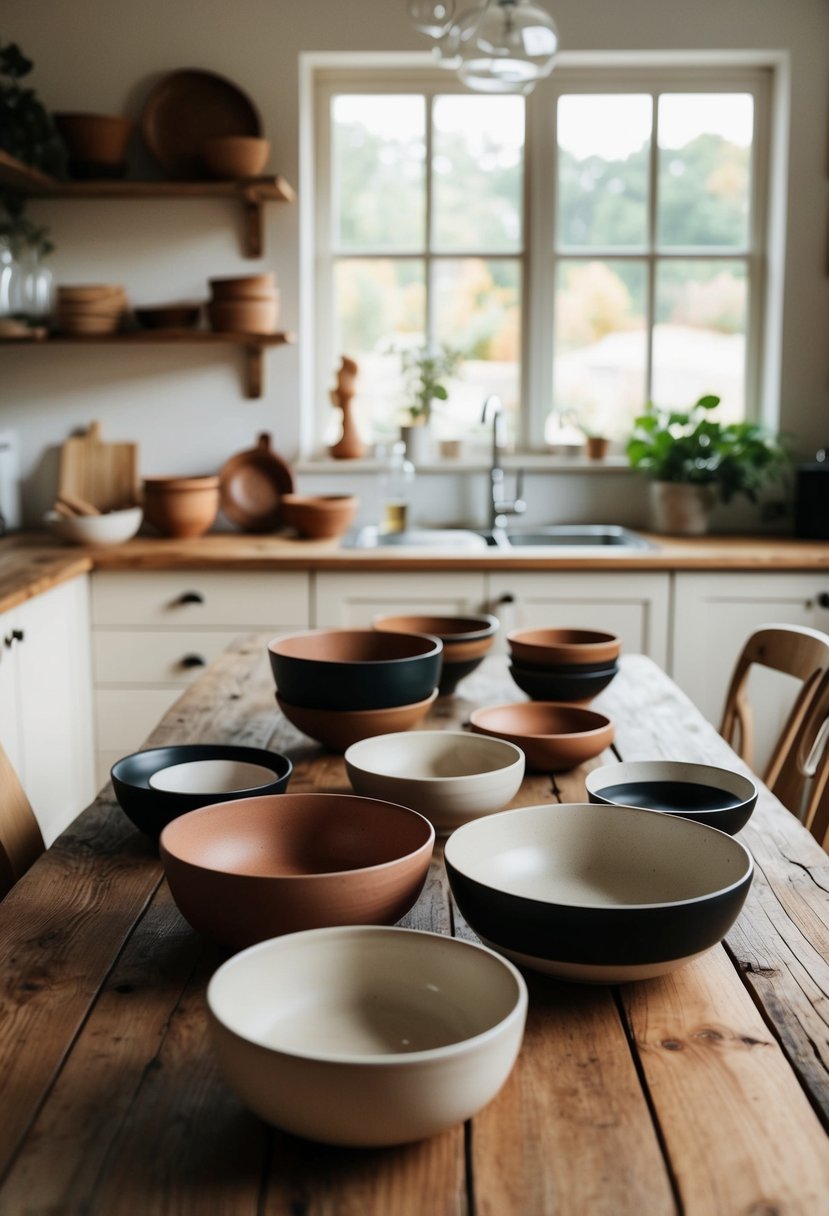 A rustic wooden table adorned with an assortment of Nordic earthenware bowls in a cozy, bohemian-inspired kitchen