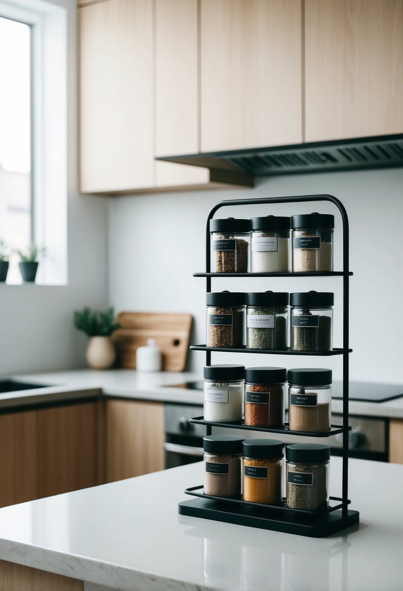 A modern kitchen with a Scandinavian spice rack, featuring minimalist design and bohemian accents