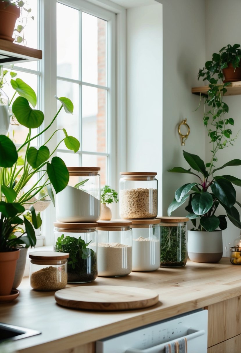 A kitchen counter adorned with eco-friendly storage jars in a Scandi boho style, surrounded by plants and natural light