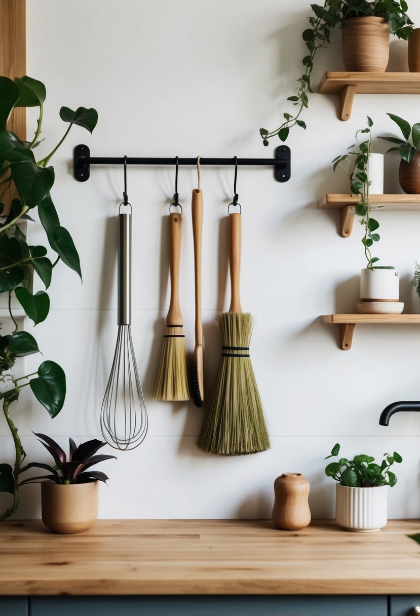 A whisk broom and dish brush hang on hooks in a stylish Scandi boho kitchen, surrounded by natural wood, plants, and minimalist decor