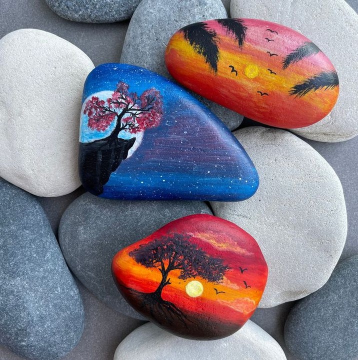Sunset landscape painted on stone