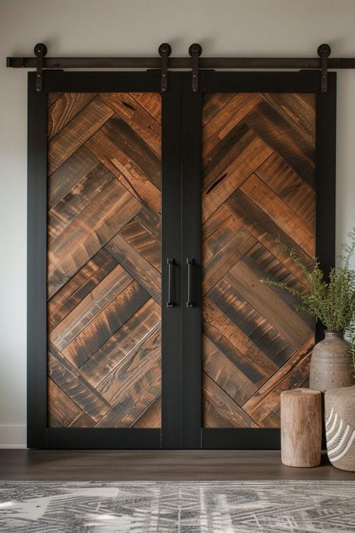 Modern bathroom barn door with glass panel
