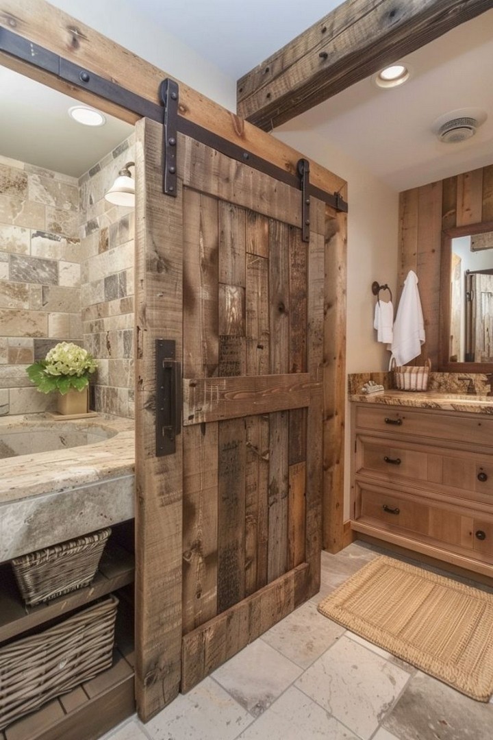 Space-saving sliding barn door in bathroom