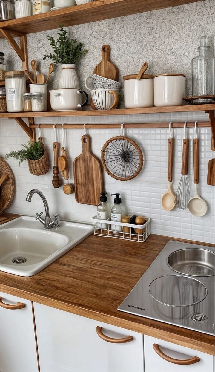 Pegboard wall in kitchen