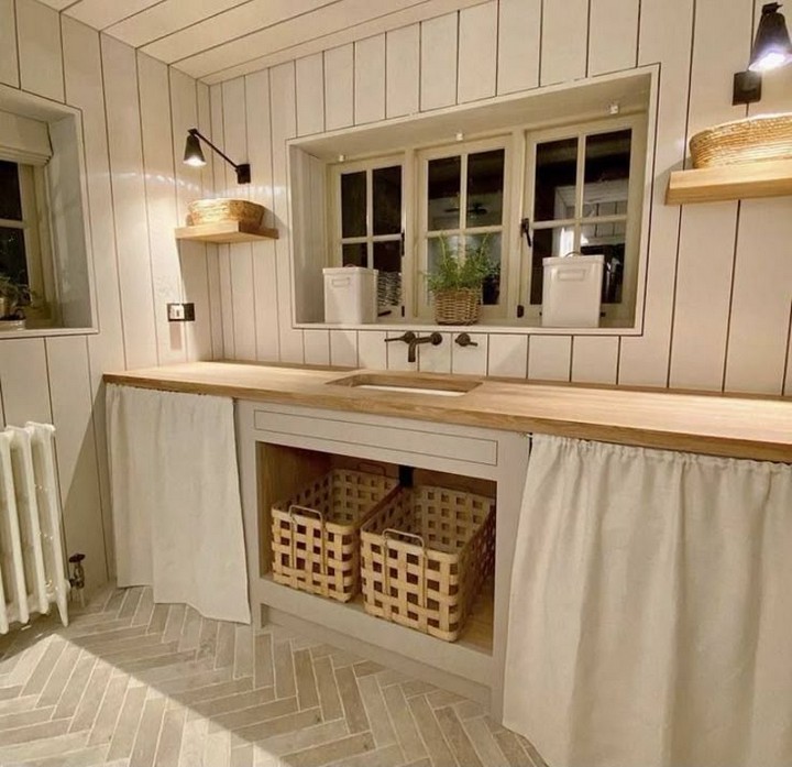 Curtains covering kitchen shelves