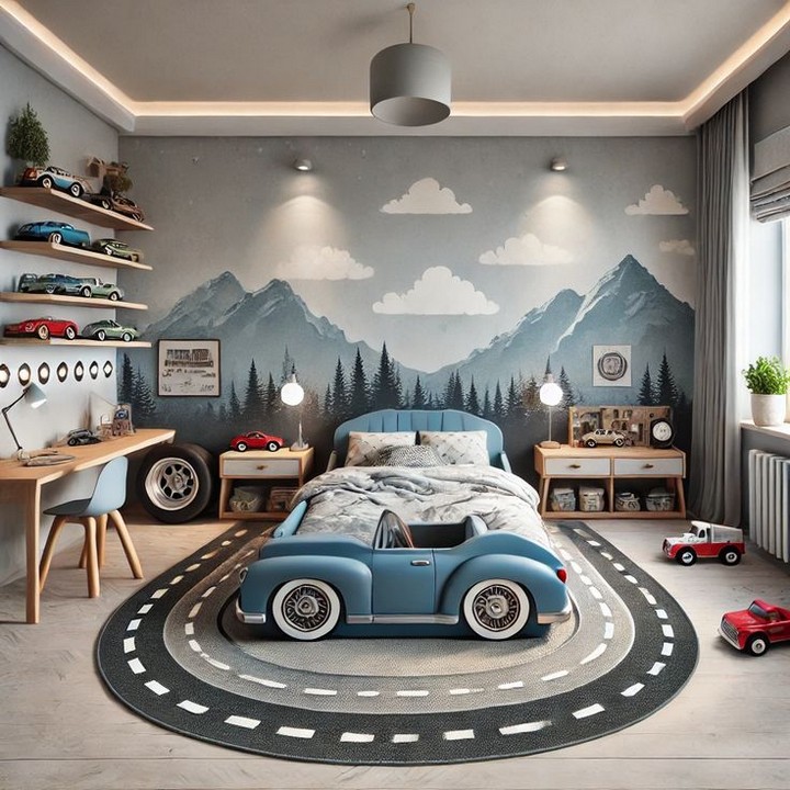Race car themed kids room shelves