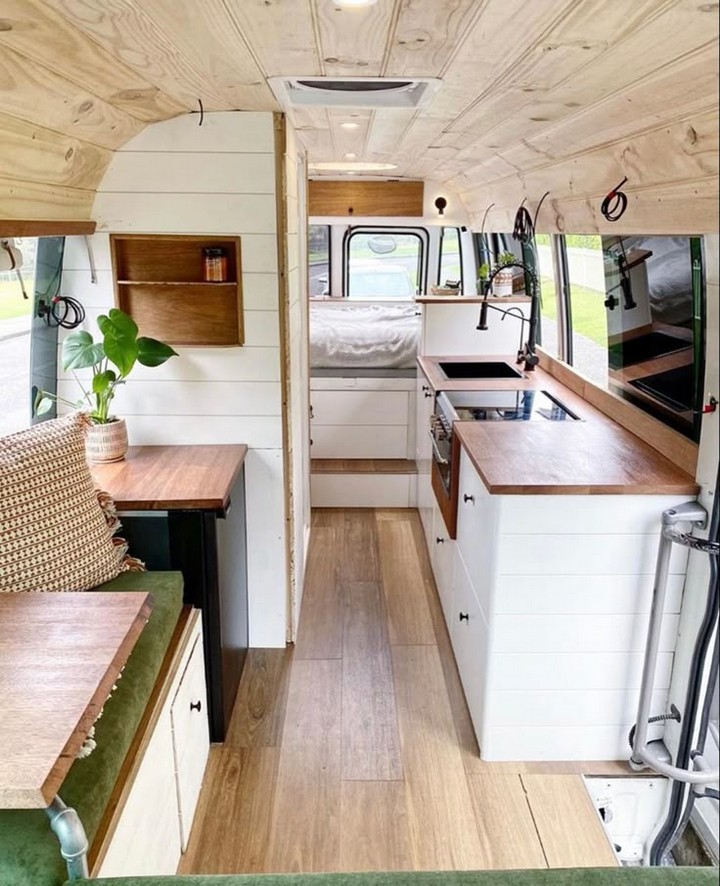 Live edge wooden countertop in an Airstream kitchen