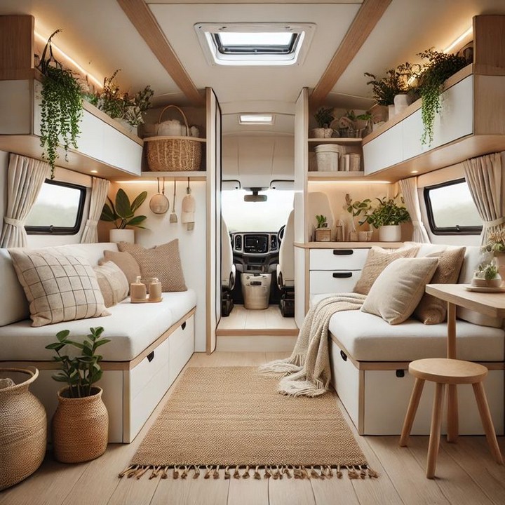 Exposed rustic beams on Airstream ceiling