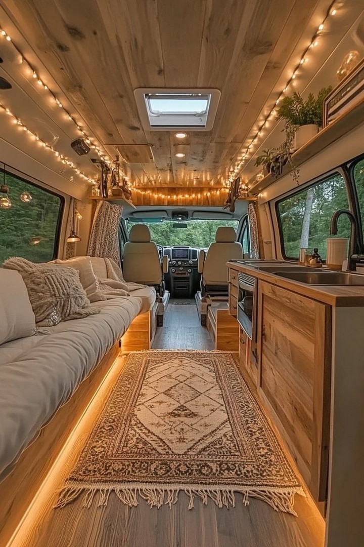 Stone veneer wall in rustic Airstream kitchen