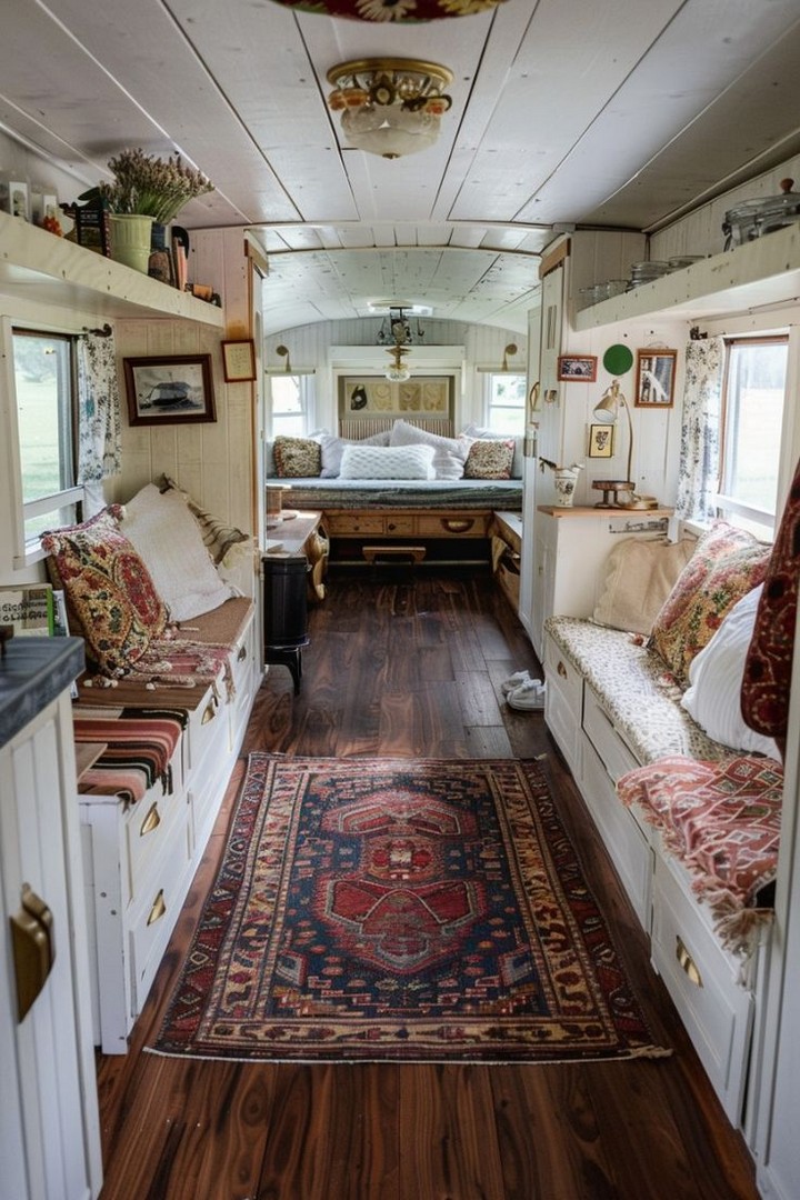 Warm wood tone cabinetry in Airstream