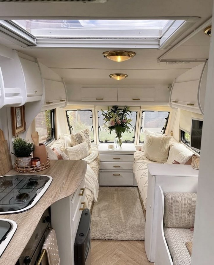 Neutral rustic Airstream interior with white walls