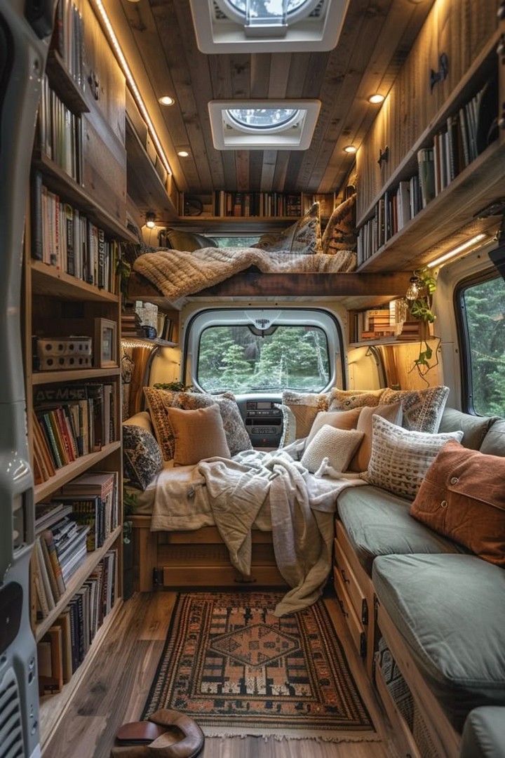 Wool blankets in rustic Airstream interior