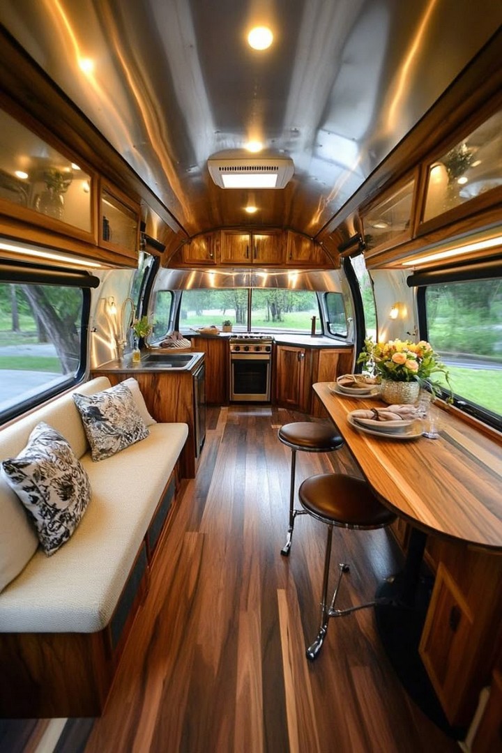 Edison bulb lighting in rustic Airstream
