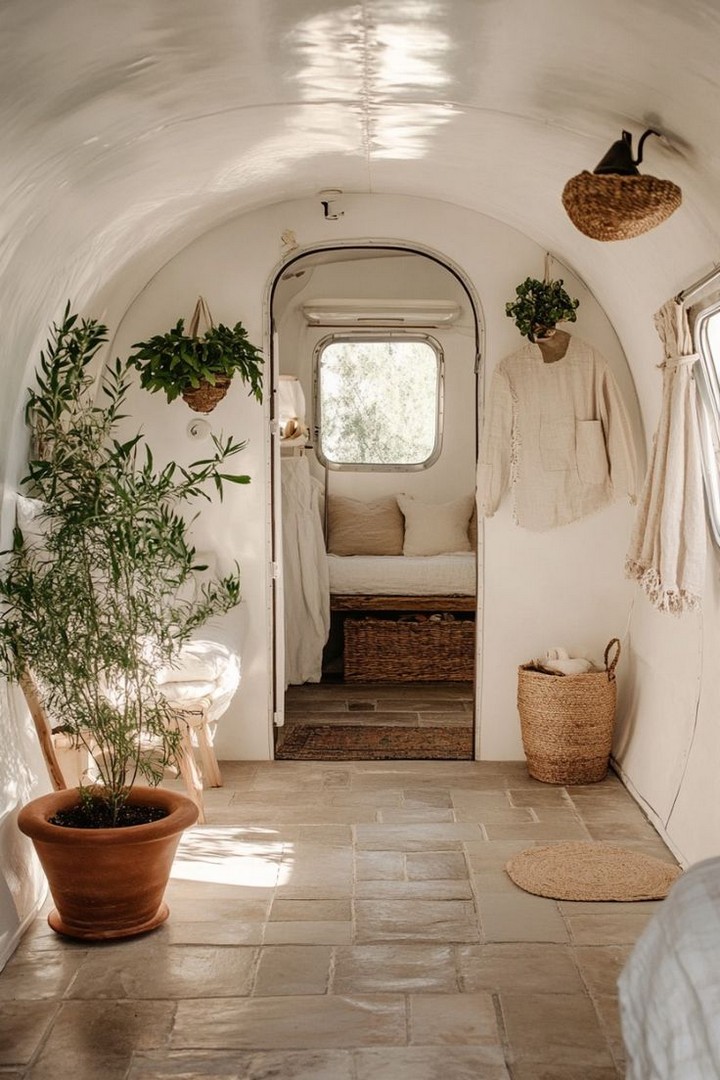 Galvanized metal buckets in Airstream storage