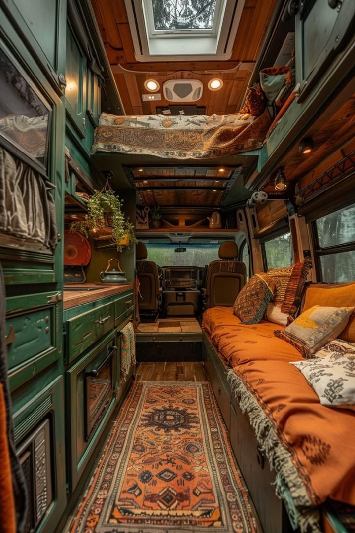 Rustic interior of a renovated Airstream trailer