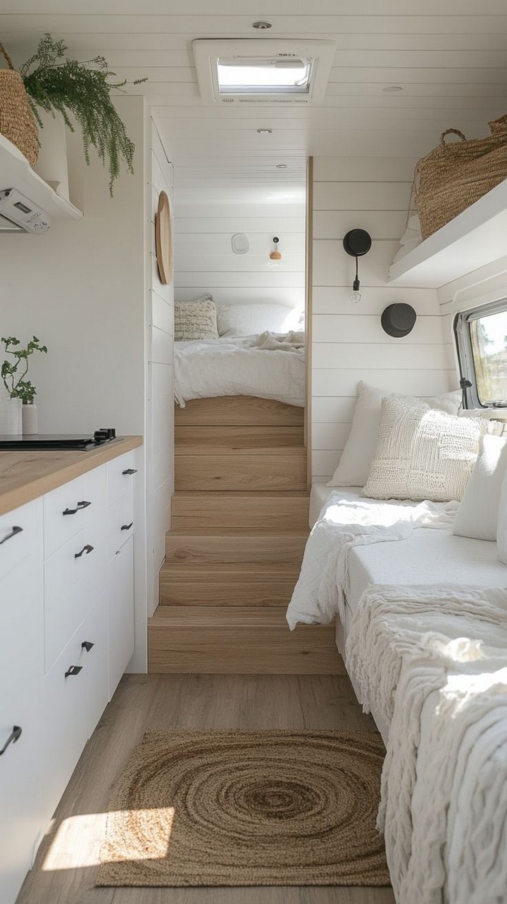 Cozy rustic Airstream interior with wood textures