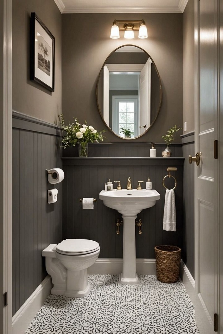 Powder room with dark-painted walls