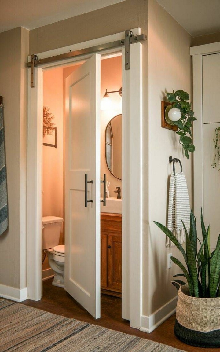 Pocket door installed in powder room