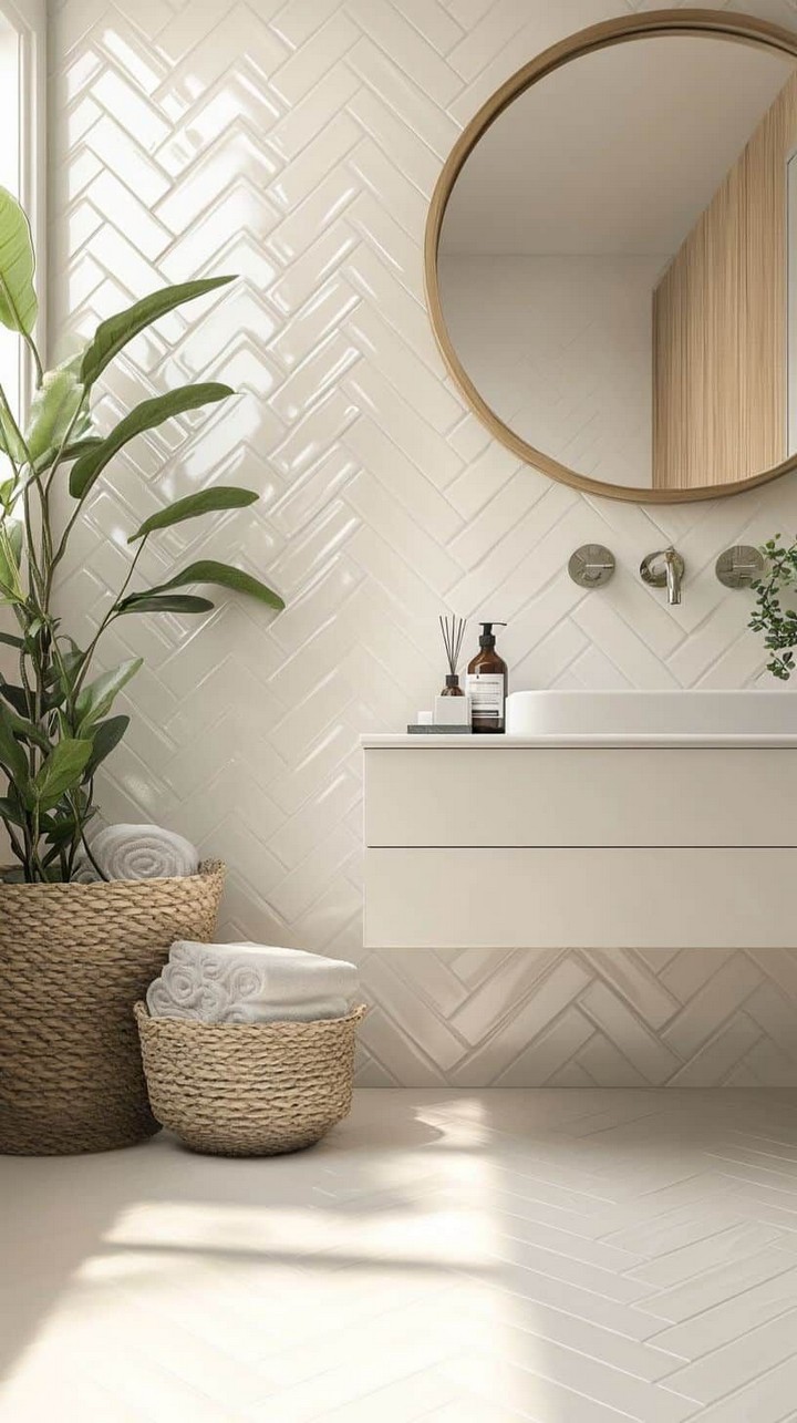 Light-colored floor tiles in powder room