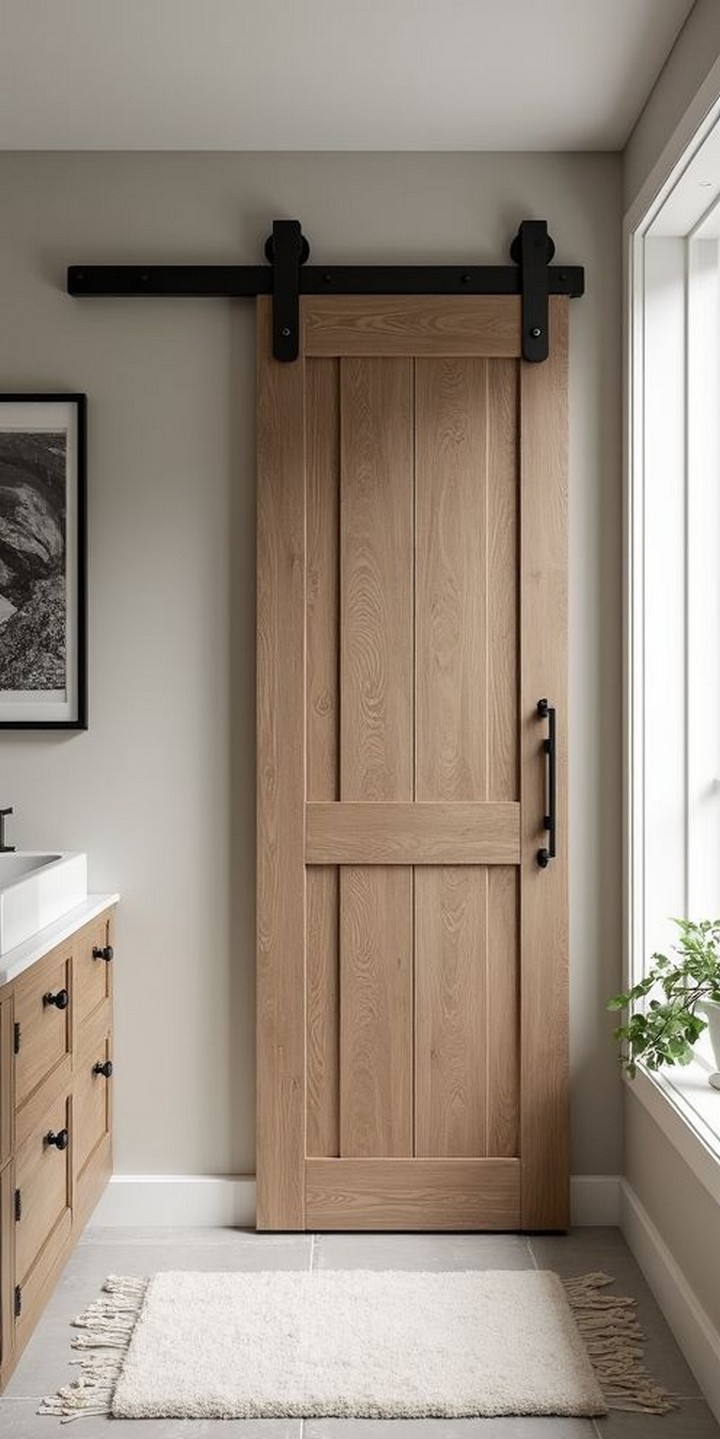 Sliding barn door in powder room