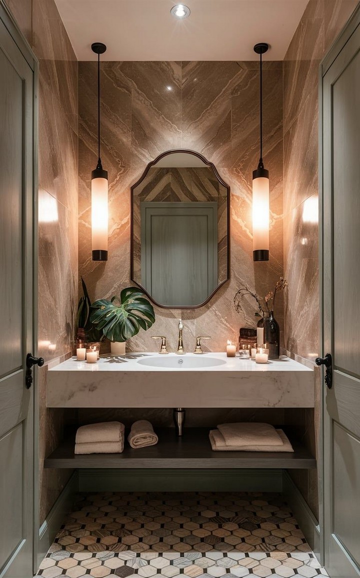 Glass shelves in powder room