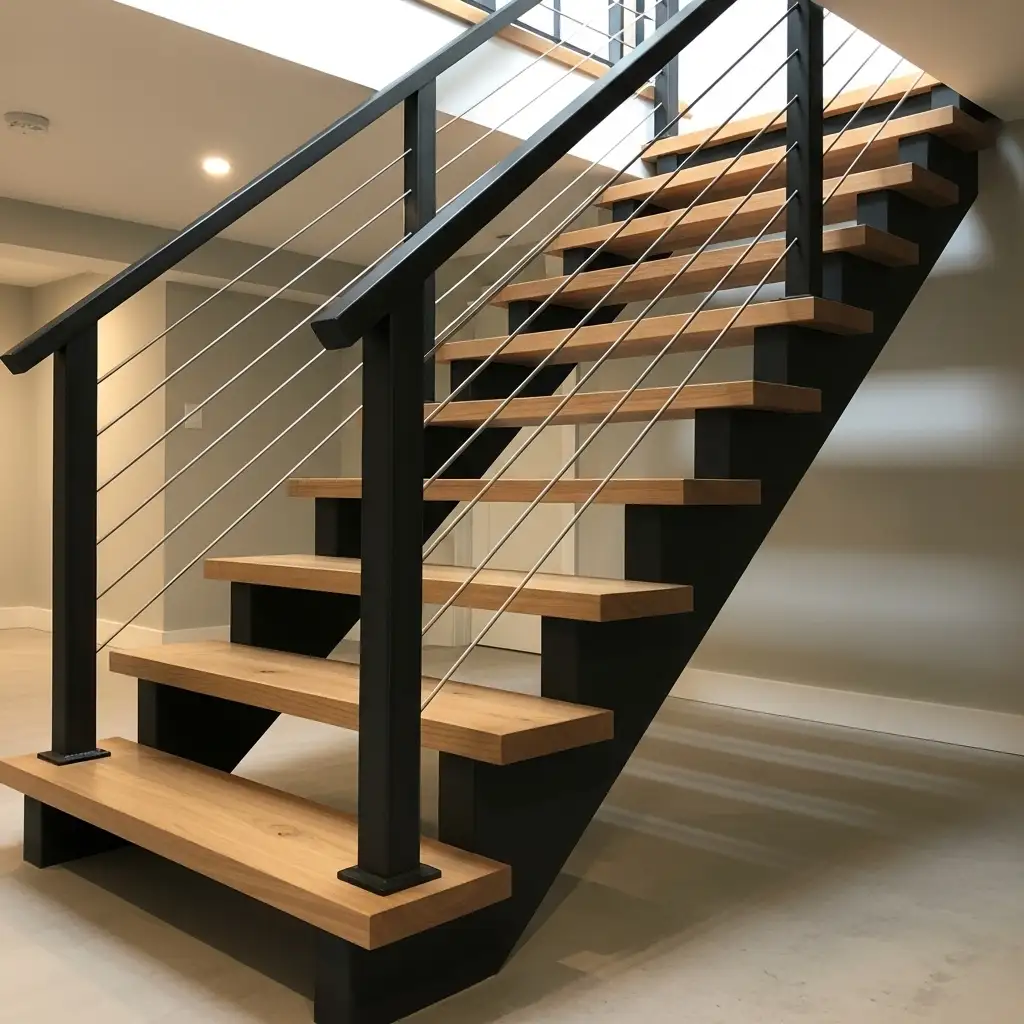 Blackened Steel Stringers with Wood Treads