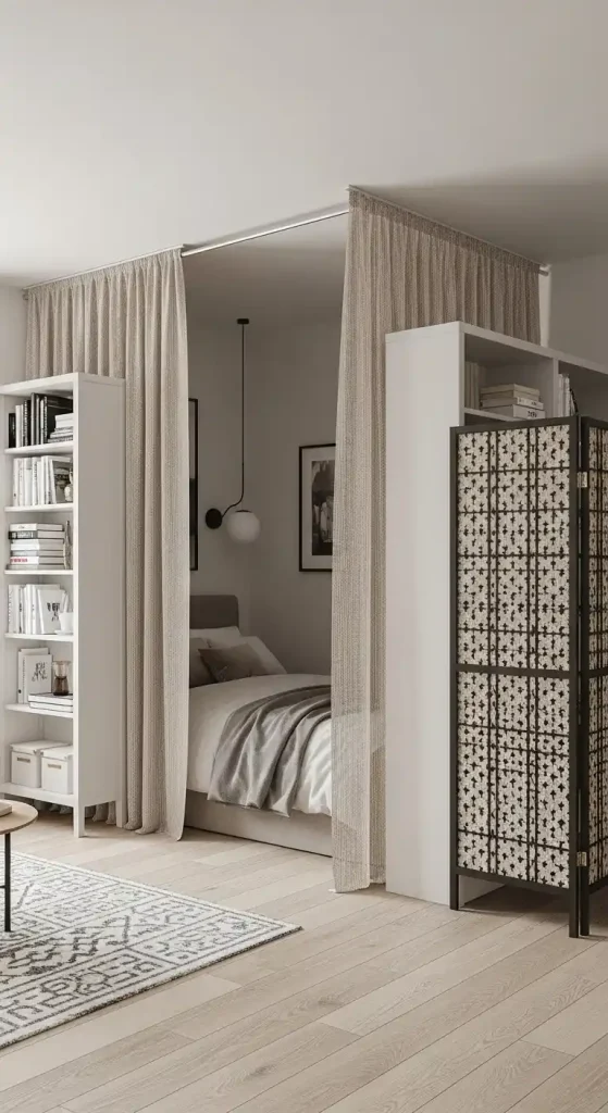 small apartment room with curtains