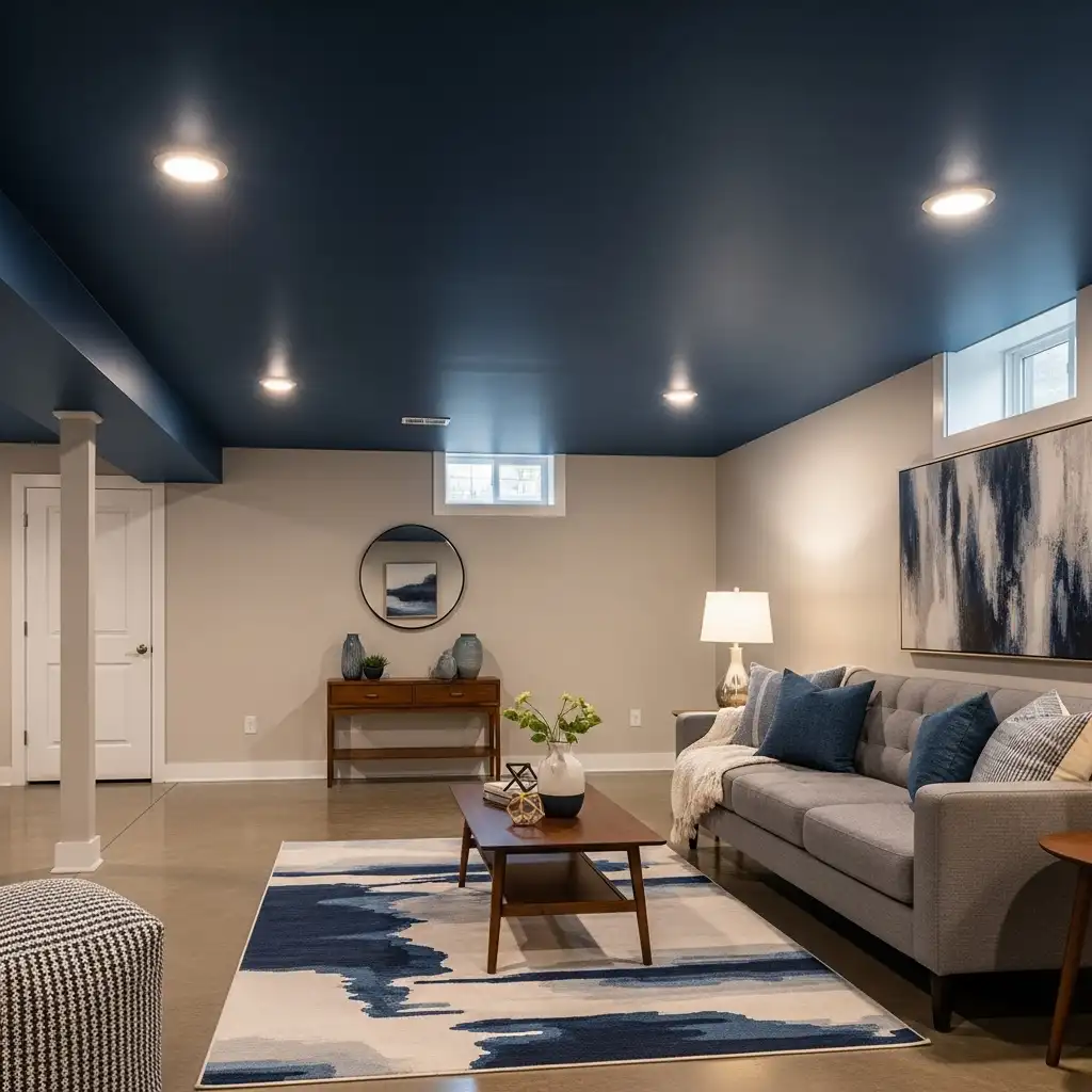 basement painted ceiling Dark Navy Blue
