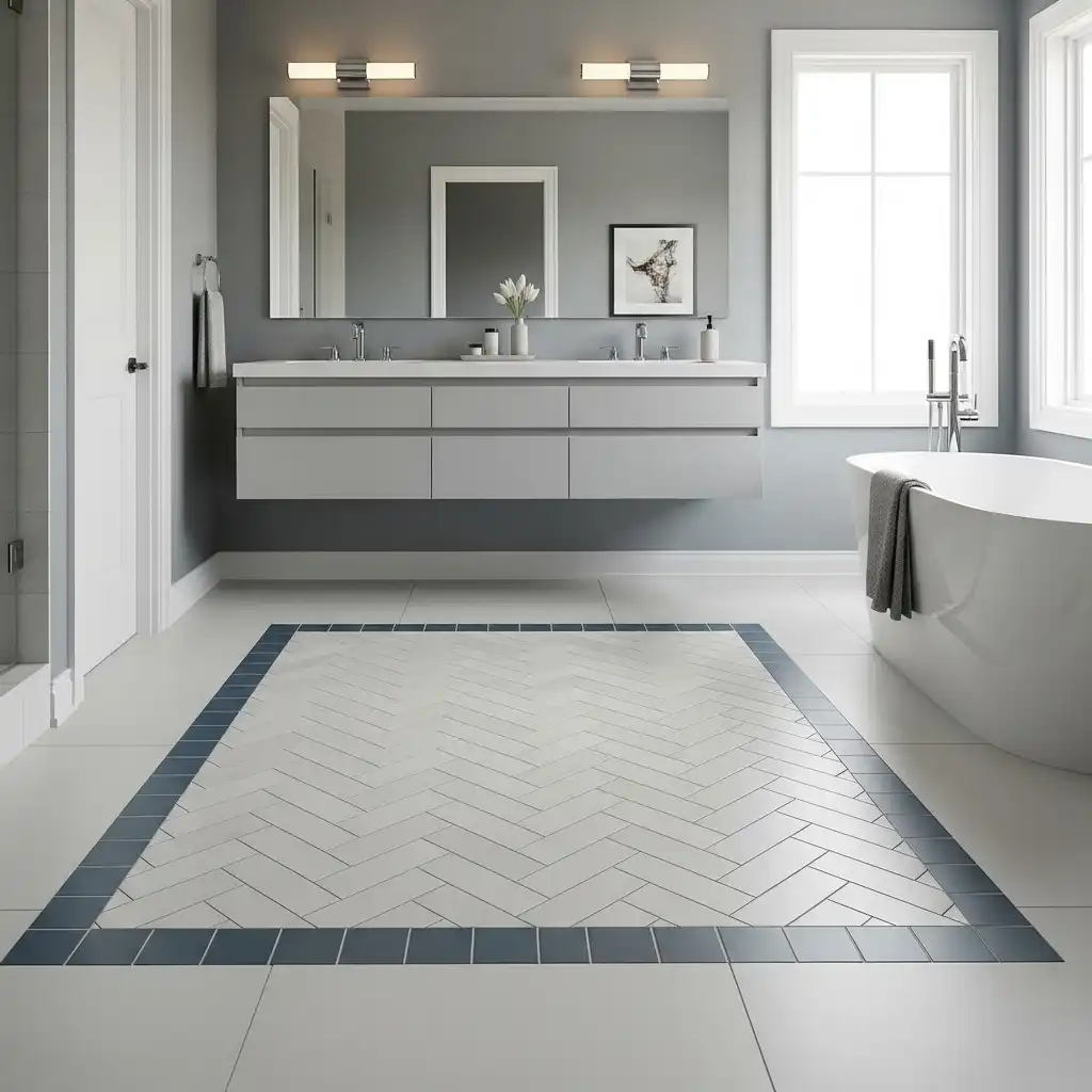 Herringbone Tile Bathroom Create a Custom Rug Effect