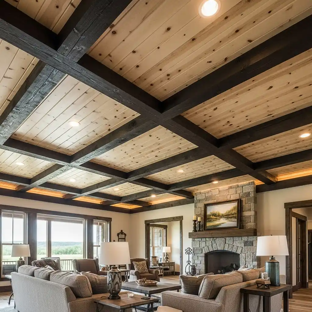Wood Plank Ceiling Ideas Contrasting Beams