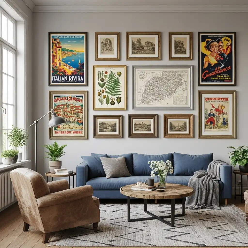 vintage posters or antique prints for character